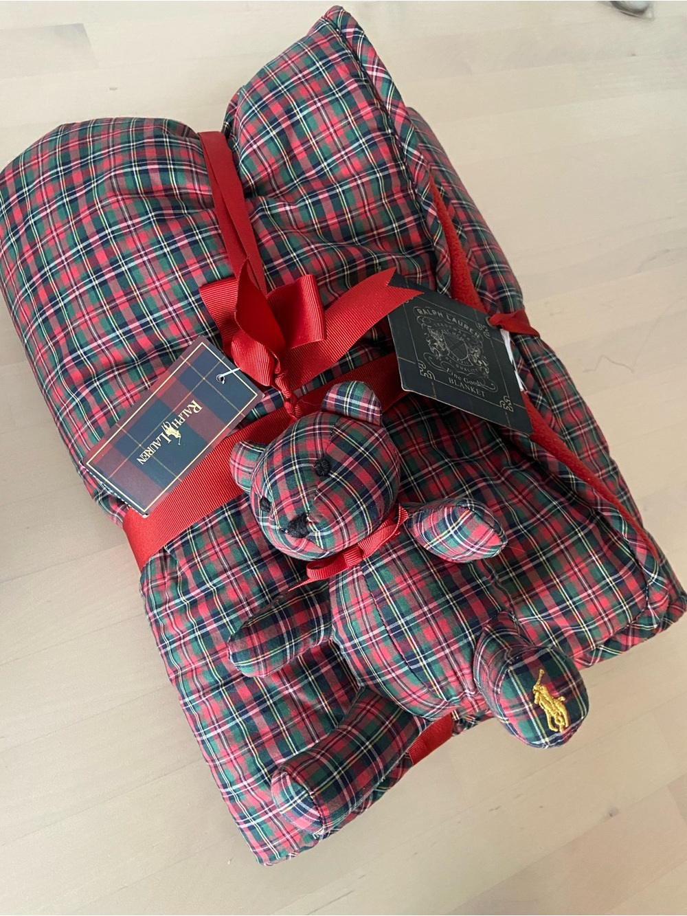 Ralph Lauren Red and Green Tartan Plaid Quilt with Matching Teddy